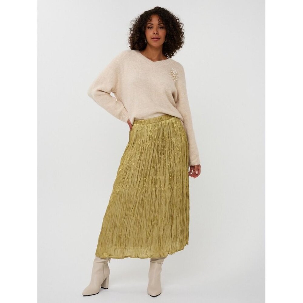 Esqualo Womens Gold Crinkle Pleated midi Skirt US 6 EU 36 Polyester Blend Lined